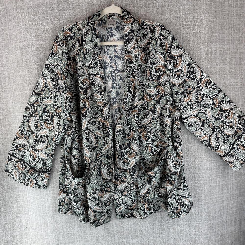 I.N.C. Blouse Womens XL Black Kimono Hawaiian Paisley Collared 3/4 Sleeve